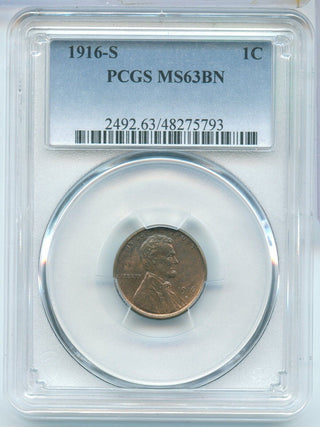 1916-S Lincoln Wheat Cent 1c PCGS MS63 BN San Francisco Mint - SR653