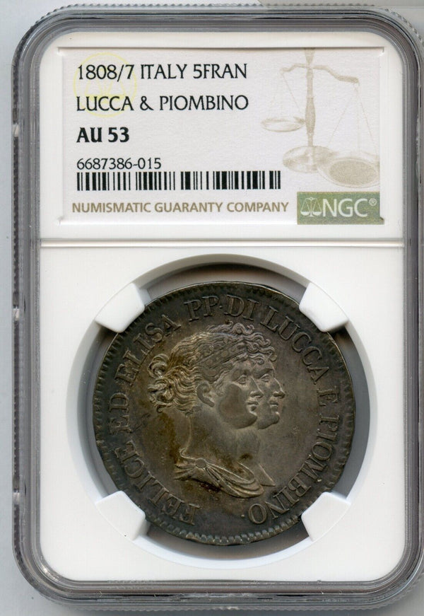 1808/7 Italy Lucca & Piombino 5 Franchi Silver Coin NGC AU53 Certified - JP620