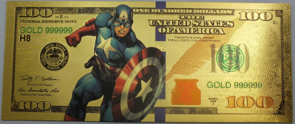 $100 Captain America Marvel Comic Novelty 24K Gold Foil Plated Note Bill GFN56