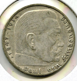 1937-A Germany 2 Marks Deutsches 3rd Reich Coin - Paul Von Hindenberg - J257