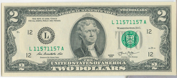 2013 Two Dollar Repeater Bill Note $2 Federal Reserve Note - SS563