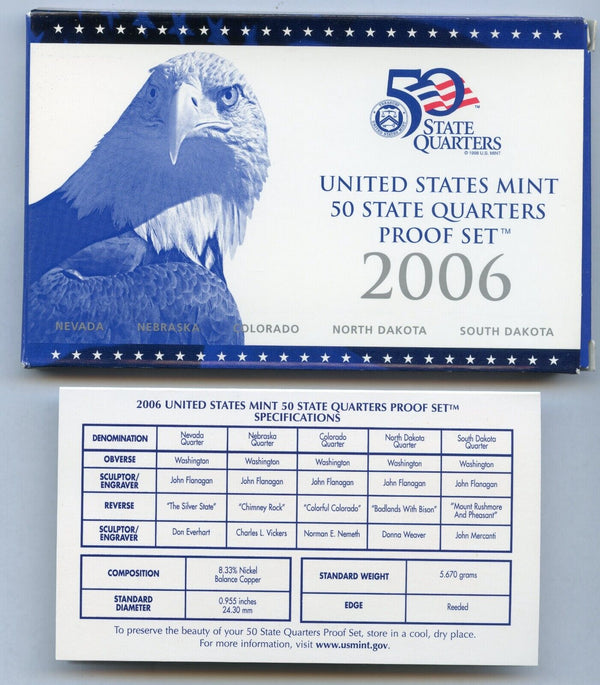2006 United States State Quarters Silver Proof Set 5 Coins US Mint San Francisco