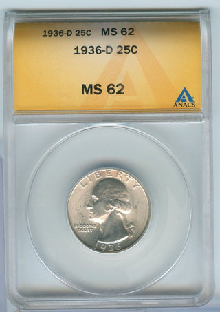 1936-D Washington Silver Quarter 25c ANACS MS62 Denver Mint - SR126