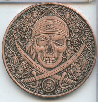 (20) Caribbean Pirate Skull Crossed Sabers Ship 1 oz Copper Round Antiqued Roll