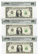 Serial Run (3) 1995 $1 Federal Reserv Notes PMG 66 EPQ Choice Unc Cleveland K75