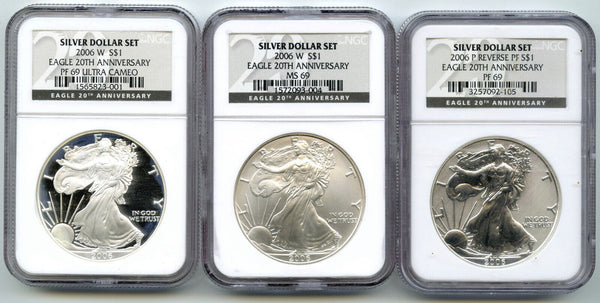 2006 American Eagle Silver Dollar 3-Coin Set NGC MS69 PF69 20th Anniversary K91