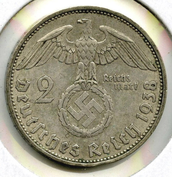 1938-A Germany 2 Marks Deutsches 3rd Reich Coin - Paul Von Hindenburg - J259