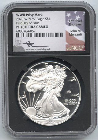 2020-W Proof Silver Eagle WWII Privy NGC PF70 Mercanti Signature First Day G371