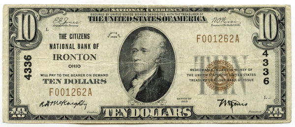 1929 $10 National Currency Note 4336 Citizens National Bank Ironton Ohio - C790