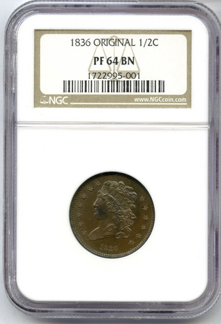 1836 Classic Head 1/2 Half Cent Original NGC PF64 BN Proof Coin - JP030