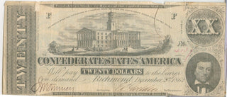 1862 $20 Twenty Dollars Confederate States Of America Note Currency T-51 - SR952