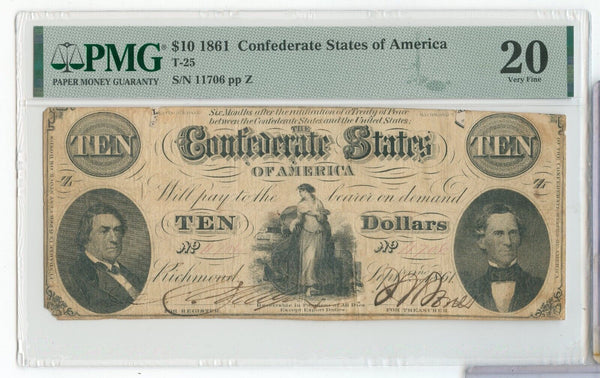 1861 $10 Confederate States Of America Currency PMG VF20 Note T-25 - SS514