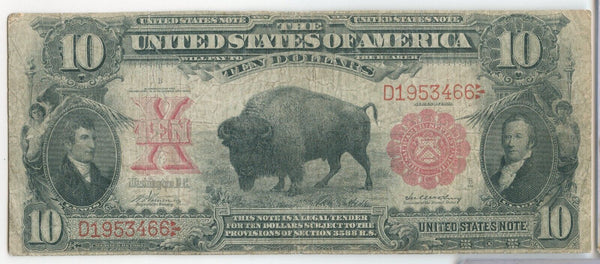 1901 $10 Dollars Bison Legal Tender Large Note Currency - SS537