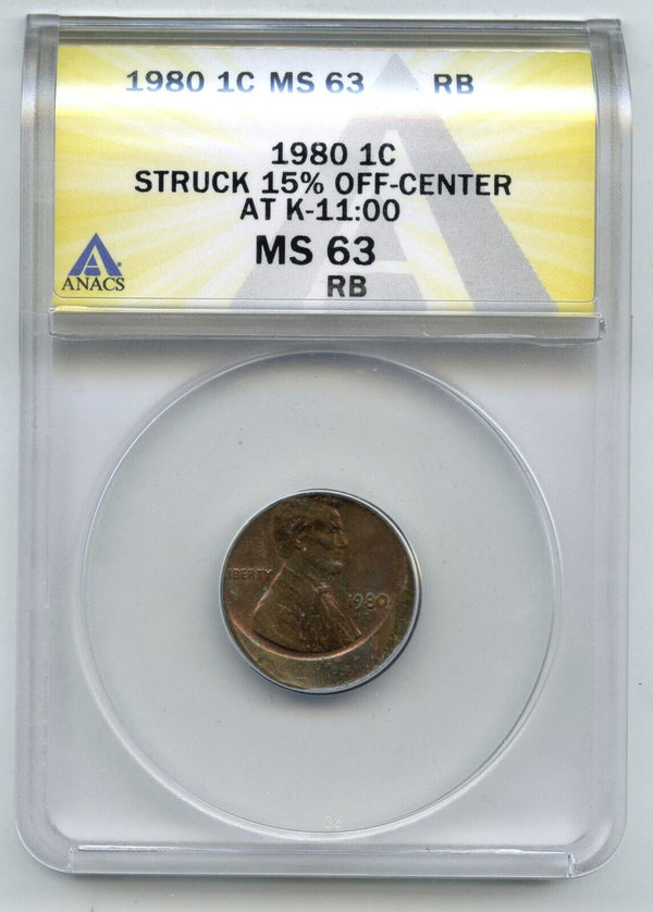 1980 RB Lincoln Cent Penny ANACS MS 63 Off-Center Error Struck 15% - J919