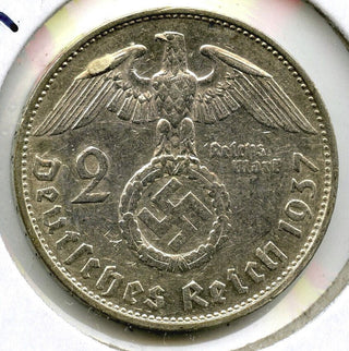 1937-G Germany 2 Marks Deutsches 3rd Reich Coin - Paul Von Hindenburg - J258