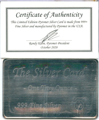 Pyromet The Silver Card 1 Troy Ounce .999 Fine Silver With COA Bullion