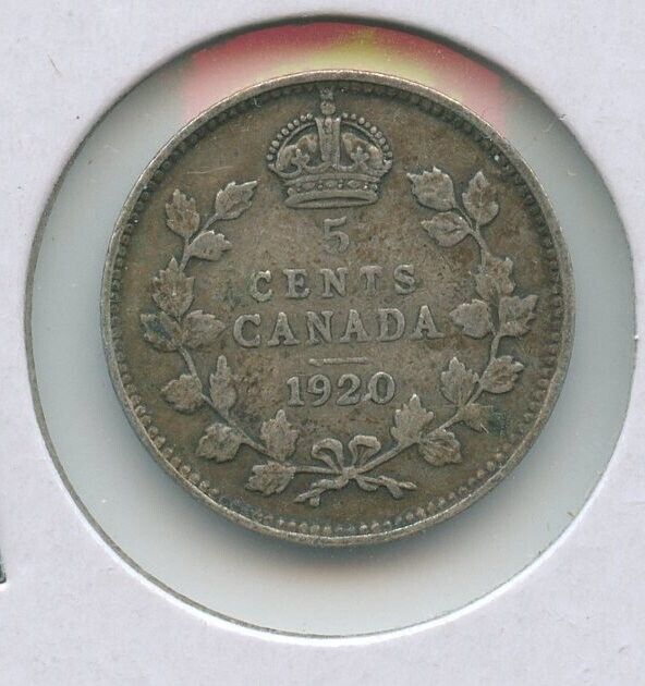 1920 Canada .925 Silver Coin 5 Cents King George V - SR385