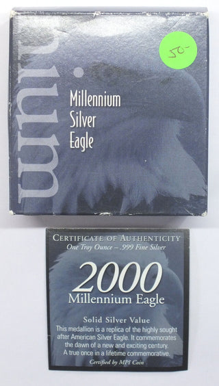 2000 Millennium American Eagle 999 Silver 1 oz Art Medal Round + Case - J904