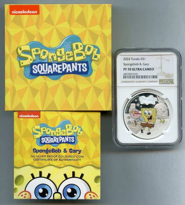 2024 Spongebob & Gary 1 Oz Silver NGC PF70 $1 Tuvalu Proof 999 Coin OGP - JP873