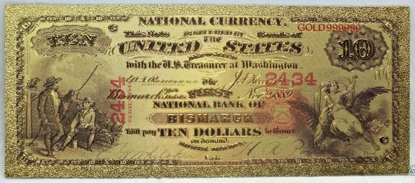 1875 $10 Territorial National Bismarck ND Novelty 24K Gold Plated Note GFN21