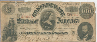 1863 $100 One Hundred Confederate States Of America Note Currency T-56 - SR949