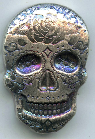 Sugar Skull Day of Dead 999 Silver 2 oz Art Bar Monarch Poured Bullion - G477