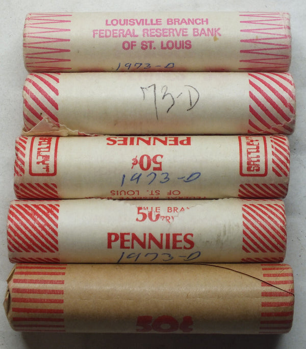 Lot of (5) 1973-D Lincoln Cent Pennies Coin Rolls - Denver Mint - K321