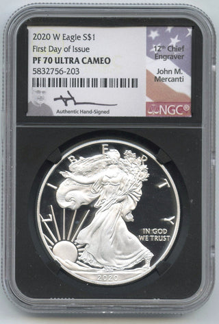 2020-W Silver Eagle 1 oz NGC PF70 First Day Issue John Mercanti Signature E93