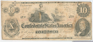 1862 $10 Ten Dollars Confederate States Of America Note Currency T-46 - SR972