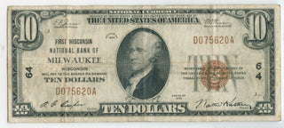 1929 $10 National Milwaukee 64 Bank Note Currency - SS102