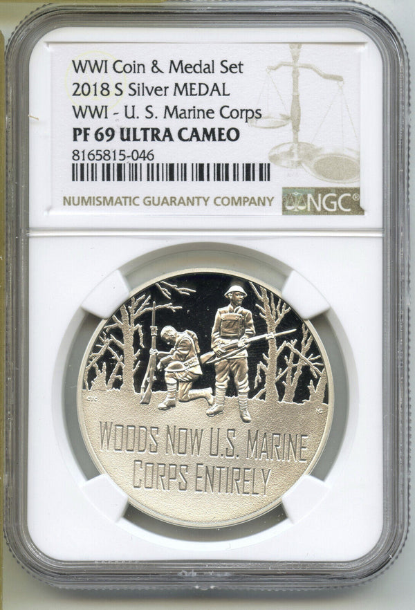 2018-S World War 1 US Marine Corps Silver Medal NGC PF 69 Ultra Cameo - J338