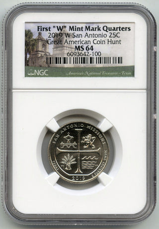 2019-W San Antonio Quarter First W Mint Mark NGC MS 64 American Coin Hunt H350