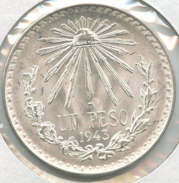 1943 Unc Mexico Silver Un Peso Coin Estados Unidos Mexicanos  -SS180