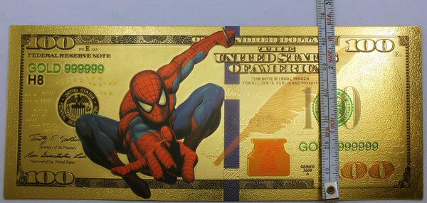 $100 Spiderman Marvel Comic FRN Novelty 24K Gold Foil Plated Note Bill GFN55