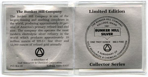 1981 Bunker Hill Idaho Kellogg 999 Silver 1 oz Medal Round Gulf Chemical - K431