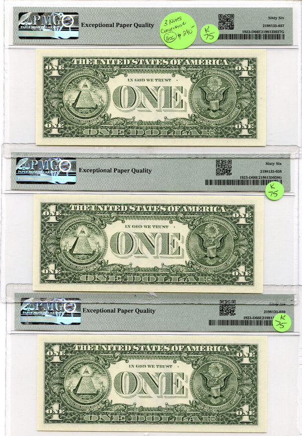 Serial Run (3) 1995 $1 Federal Reserv Notes PMG 66 EPQ Choice Unc Cleveland K75