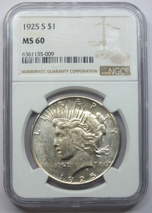 1925-S Peace Silver Dollar NGC MS 60 Certified - San Francisco Mint - K344