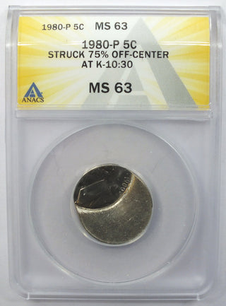 1980-P Jefferson Nickel Struck 75% Off-Center ANACS MS63 Certified - J994