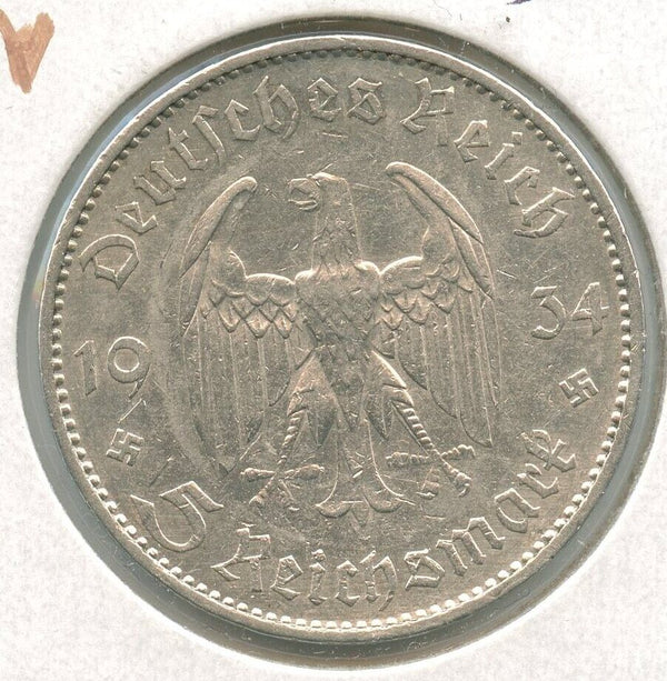 1934-A Germany 3rd Reich Coin 5 Mark Silver Coin 1st Anniversary Nazi Rule -SS49