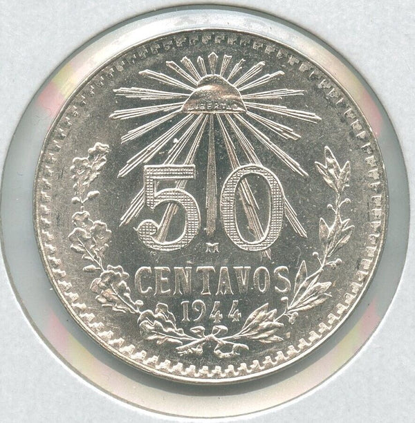 1944 Mexico Unc Silver 50 Centavos Cap & Ray Coin  -SS183