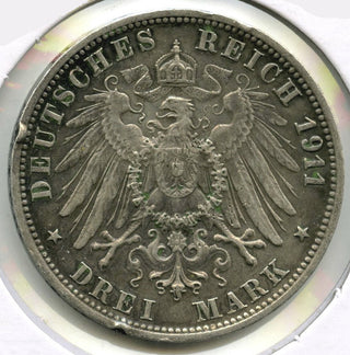 1911 Germany Wurttemberg 3 Drei Mark Coin - Deutsches Reich - J802