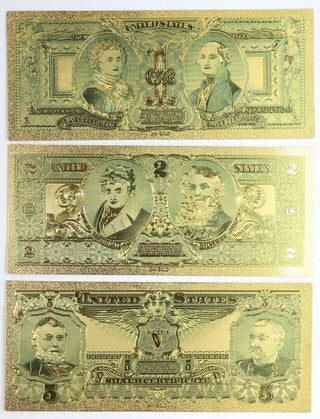 1896 $1 $2 $5 Educational Silver Certificate Novelty Gold Foil 3-Note Set GFS02