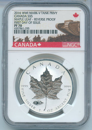 2016 WWI Tank Privy Canada Maple Leaf 1 Oz 9999 Silver NGC PF70 $5 Coin - SS587