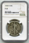 1920-D Walking Liberty Silver Half Dollar NGC F 12 Certified - Denver Mint K300