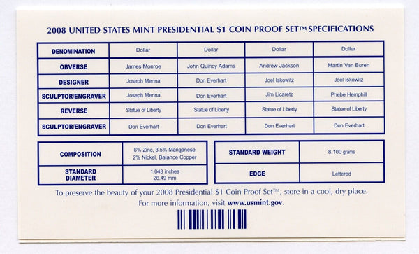 2008 United States Presidential Dollar Proof Set 4 Coins US Mint San Francisco