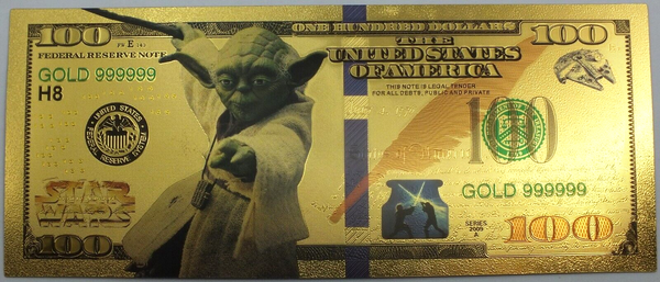 Yoda Jedi Star Wars $100 Novelty 24K Gold Plated Foil Note Bill GFN57