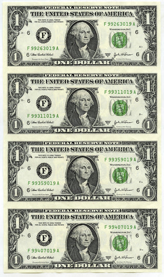 2003-A $1 Federal Reserve Uncut Sheet (4) Notes Atlanta Georgia Currency - H489