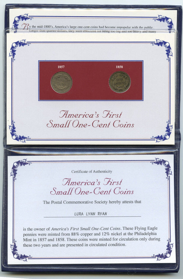 America's First Small One-Cent Coins 1857 + 1858 Flying Eagle Pennies - K414