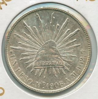 1908 Mo Mexico Silver Un Peso Cap & Rays Coin Mexico City - SS390