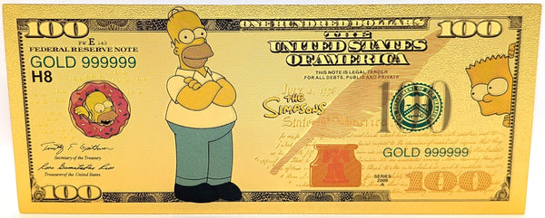 $100 Homer Simpson The Simpsons Novelty 24K Gold Foil Plated Note Bill GFN77